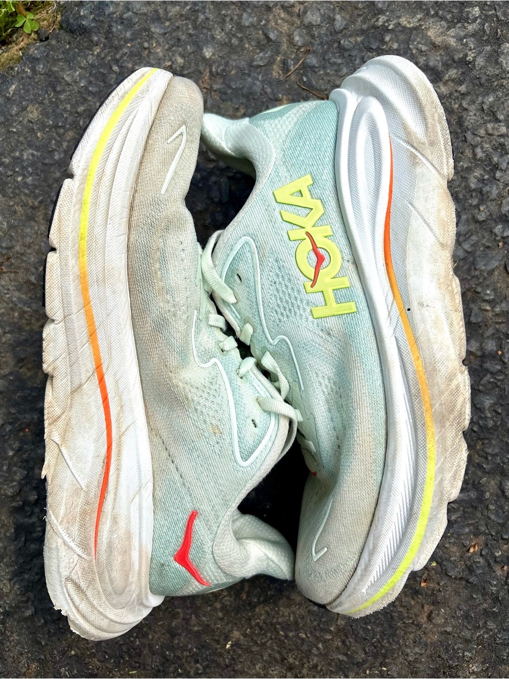 HOKA Women's Mint Green Running Shoes with Yellow Logo and Orange Accent